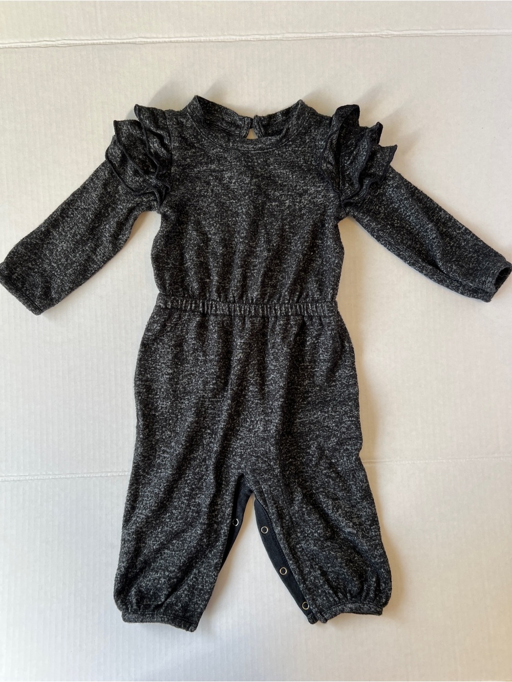Baby Girl Heathered Charcoal Ruffle Shoulder Romper